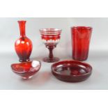 A Bohemian ruby vase, 25 cm, together with a large Laura Ashley goblet, 19 cm, and two dishes