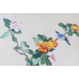 A late 20th Century Chinese watercolour on silk depicting a finch amongst blossoms, card mounted