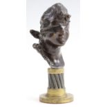 Fortuna, a bronze patinated brass bust of a blindfolded young woman on tuned brass and cable socle