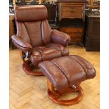 A contemporary Ekornes style hide upholstered lounge armchair and Ottoman