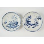 A 1770 - 1780 underglaze blue Lowestoft saucer, in the Long Fence pattern, and another similar