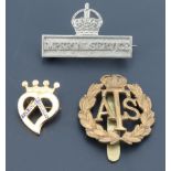 A Great War Imperial Service lapel badge, together with an ATS cap badge and a 'For Home and