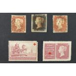 A Penny Black stamp together with two 1d Reds and two "Stamp Centenary Exhibition, London, 1940"