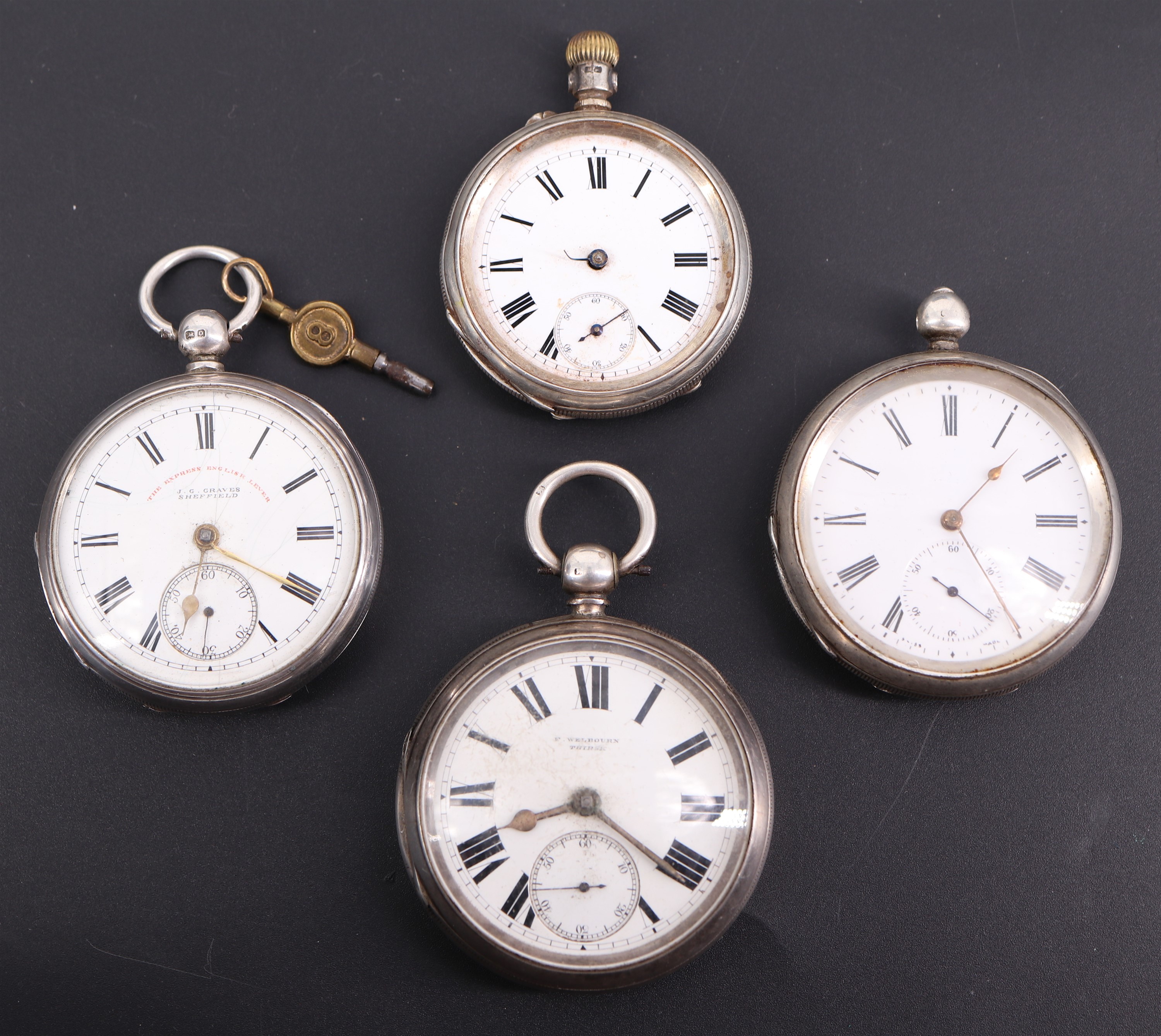 Four various late 19th / early 20th Century silver cased pocket watches, (a/f)