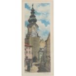 Richard Lux (1877 - 1939) A horizontal street view of a towering French monument under an idyllic