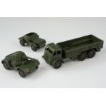 Three Dinky diecast military vehicles, comprising a 10 Ton Army Truck, a tank and one other