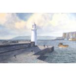 S Miller A calm coastal study of Whitehaven Lighthouse with a small boat coming into harbour and