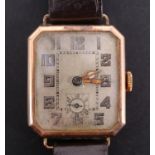 An Art Deco 9ct gold wristwatch, having a 15 jewel movement and mat silver dial having a seconds