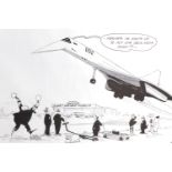 A Fleet Air Arm Concorde 002 cartoon print, card mounted in moulded blue frame under glass, 62 cm