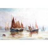 A misty study of a group of small, single mast fishing boats, oil on canvas, signed "D.L.", late