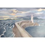A study of Whitehaven lighthouse and harbour wall with Criffel on the horizon, watercolour,