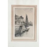 The Quay - Brixham, drypoint etching, signed, in card mount and ebonised frame under glass, 21 cm