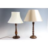 Two turned wood table lamps, one having a barley twist stem, tallest 38.5 cm to socket