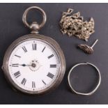 A Victorian silver fob watch, a white metal chain, ring and two ear studs, together with a 9ct