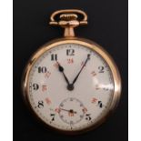 A Fahys Montauk gold plated open faced pocket watch, having a 24 hour dial and subsidiary seconds