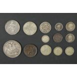 A group of silver George III and later GB coins, including an 1892 crown, an 1818 sixpence, an