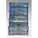 Eight Hornby diecast "Minic Ships" including "USS Missouri" and "HMS Vanguard", scale 1:1200, in