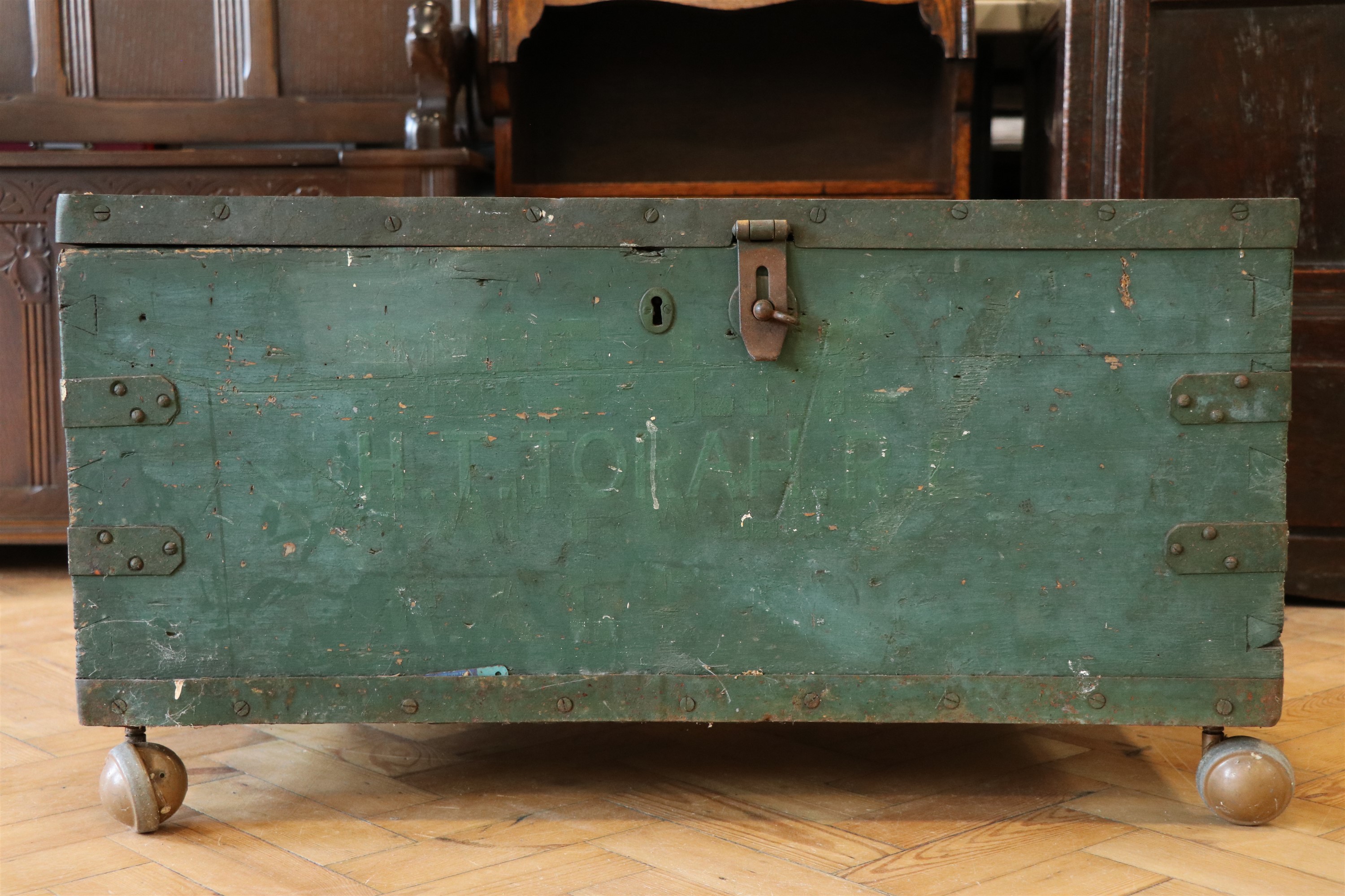 A military steel strapped pine chest, circa 1940s, 80 cm x 44 cm x 43 cm - Image 2 of 4