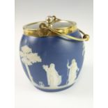 A Wedgwood electroplate mounted swing-handled blue jasperware biscuit barrel, 14 cm excluding