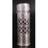 An Edwardian silver-cased ruby glass scent bottle, of cylindrical form with ground-in stopper and