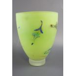 A hand-blown art glass vase, bearing hand painted decoration on a frosted green ground, 19 cm