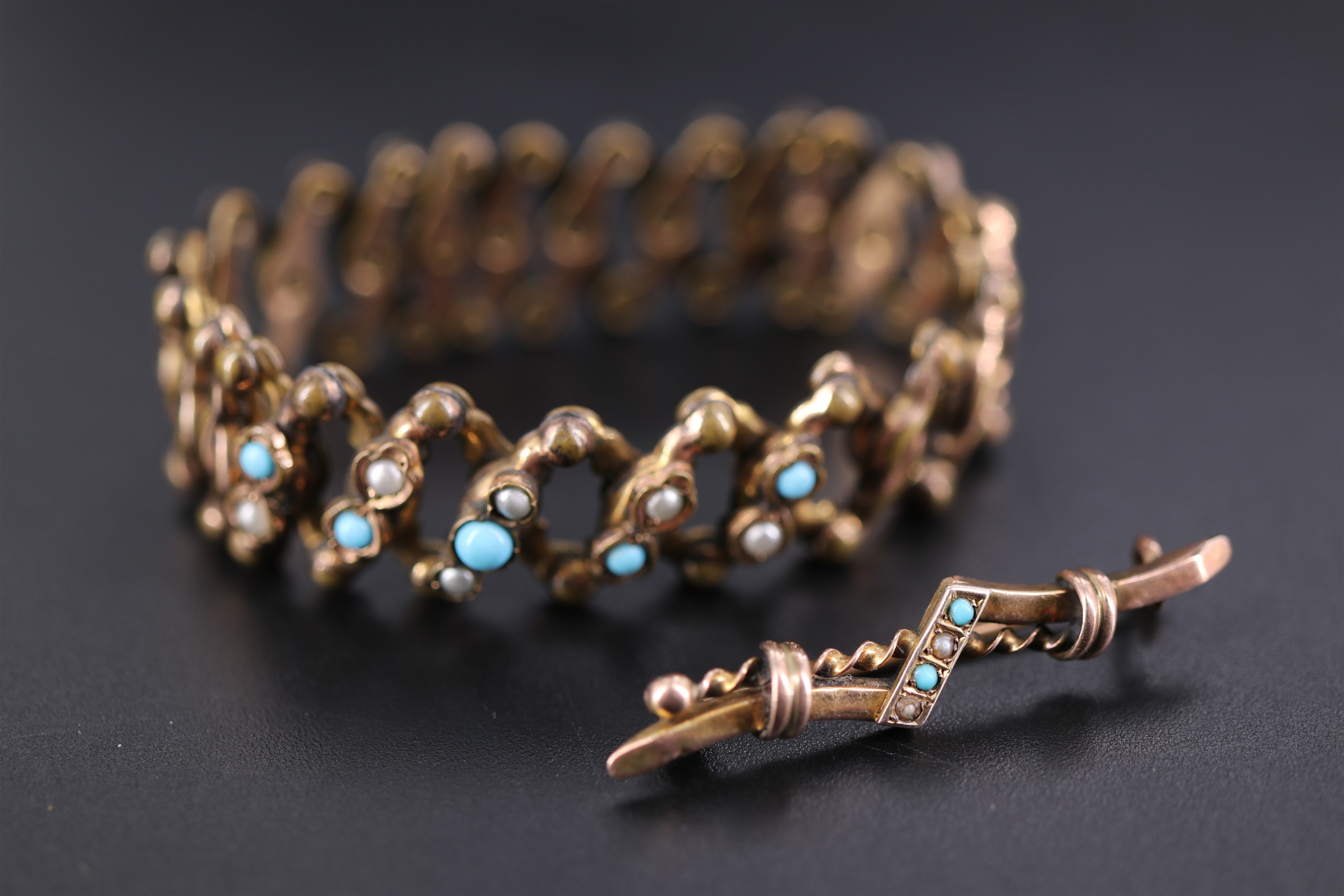 A late Victorian seed pearl and turquoise 9ct gold brooch, Birmingham, 1896, together with an