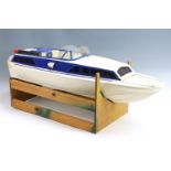 A hand built remote control wooden scale model deck boat, 85 cm