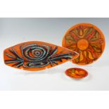 A Poole Pottery "Delphis" pattern spear dish, 17 cm x 43.5 cm together with two other dishes, 26.5