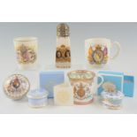 A group of Royal commemorative ceramics, including a 1937 sugar caster, etc, tallest 15 cm