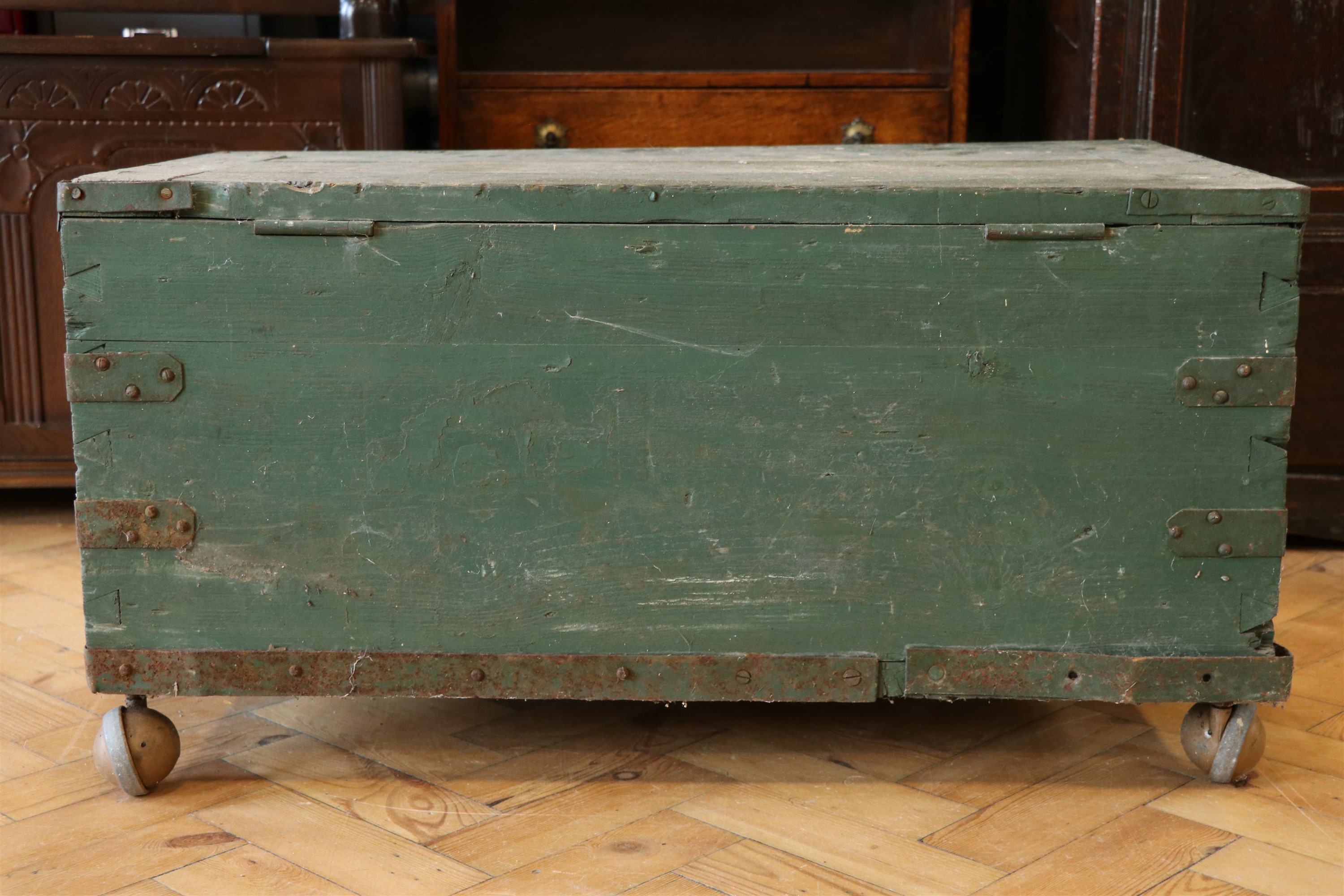 A military steel strapped pine chest, circa 1940s, 80 cm x 44 cm x 43 cm - Image 4 of 4
