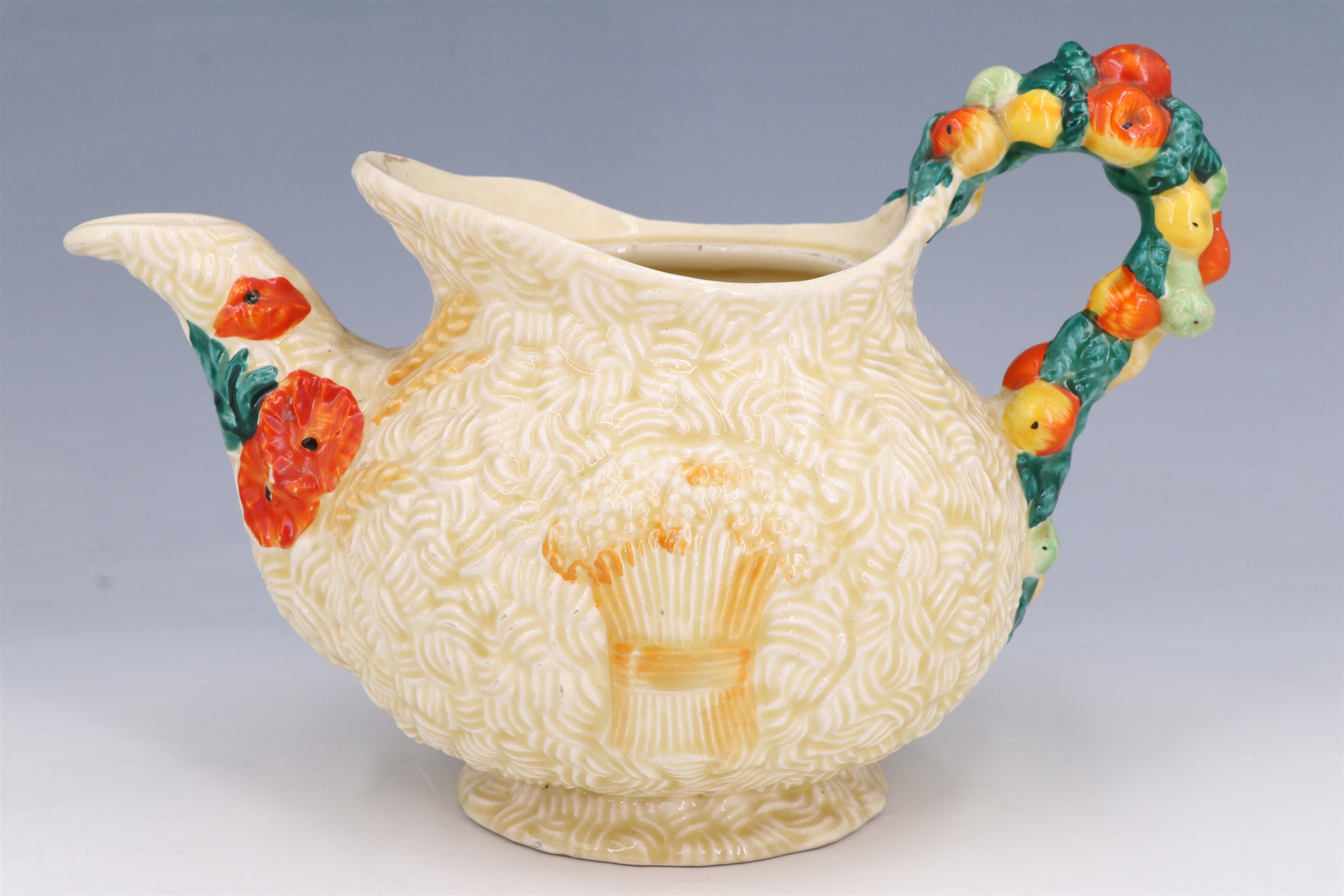 Three items of Clarice Cliff Celtic Harvest ceramics, comprising a teapot (68A) and two storage jars - Image 6 of 9