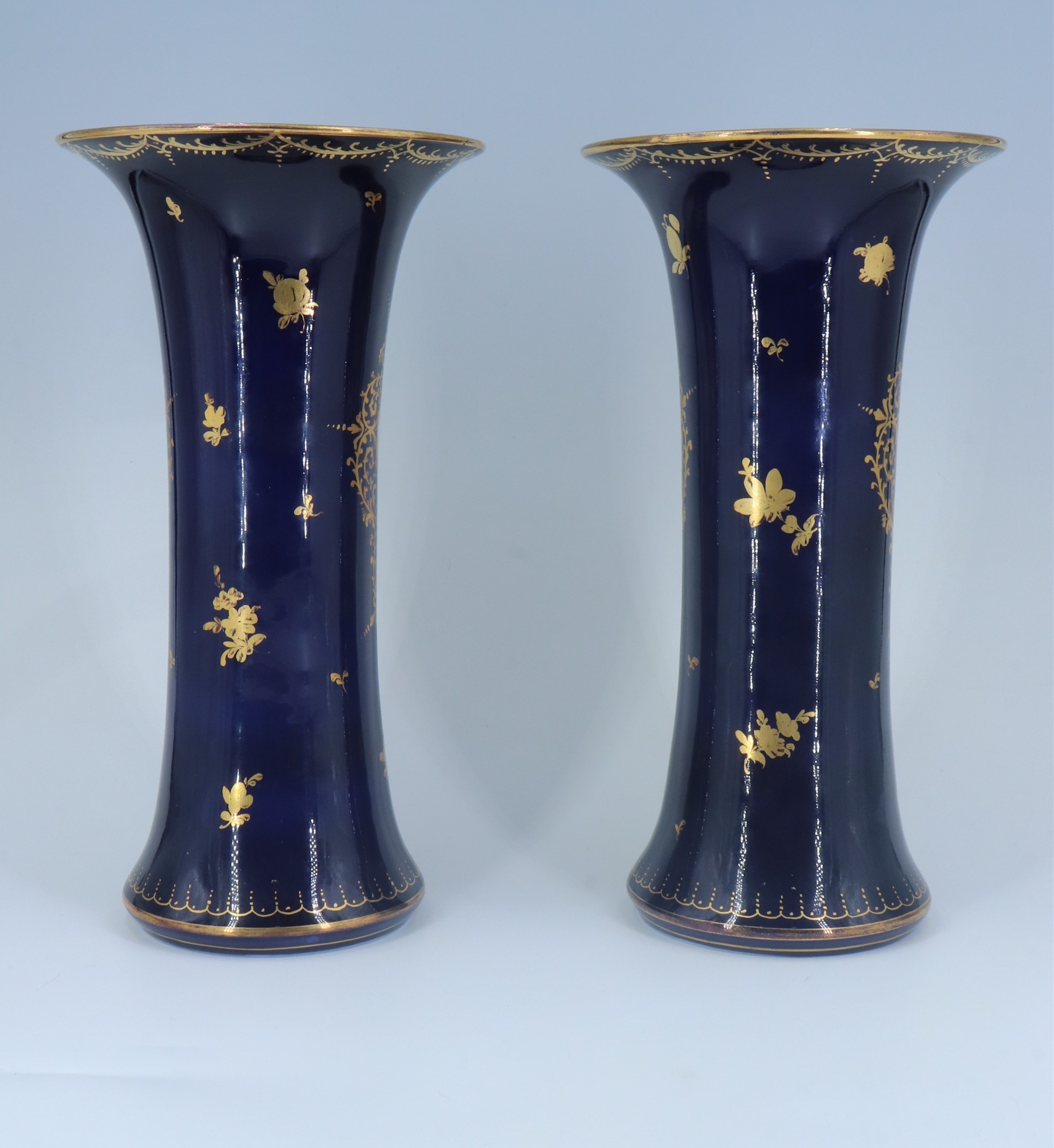 A pair of late 19th / early 20th Century Dresden cobalt blue porcelain vases each of waisted form - Image 3 of 6