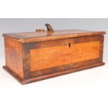 An early 19th Century three compartment cigar box satin wood veneered with rosewood and mahogany