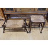 Old reproduction oak string top stool, and a low turned oak and string top bench / stool, former