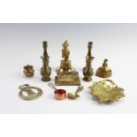 A small quantity of brass objects, including a brass stamp box decorated with forget-me-nots,