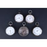 Five late 19th Century silver / white metal fob watches, (a/f)