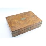 A Victorian walnut sewing work-box and a brass bound oak and burr oak box, latter 38 x 26 x 10