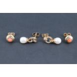 Two pairs of late 20th Century coral and pearl 9 ct gold earrings, comprising 3.5 mm coral cabochons