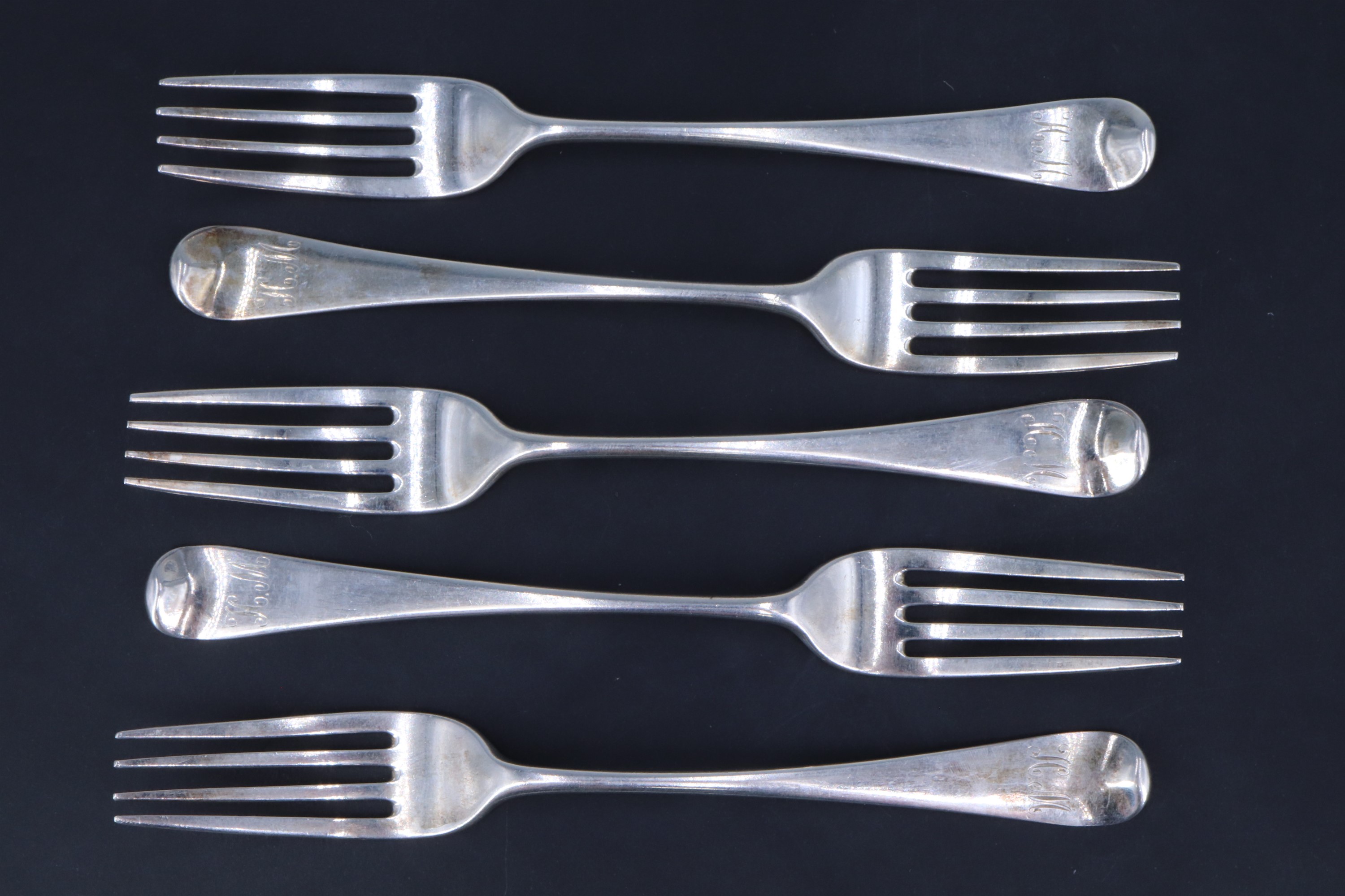 A set of five silver Hanoverian pattern desert forks, bearing monograms front and back, George Smith