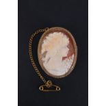 A 1980s shell cameo and 9 ct gold brooch, in a rubbed bezel setting decorated with a rope twist
