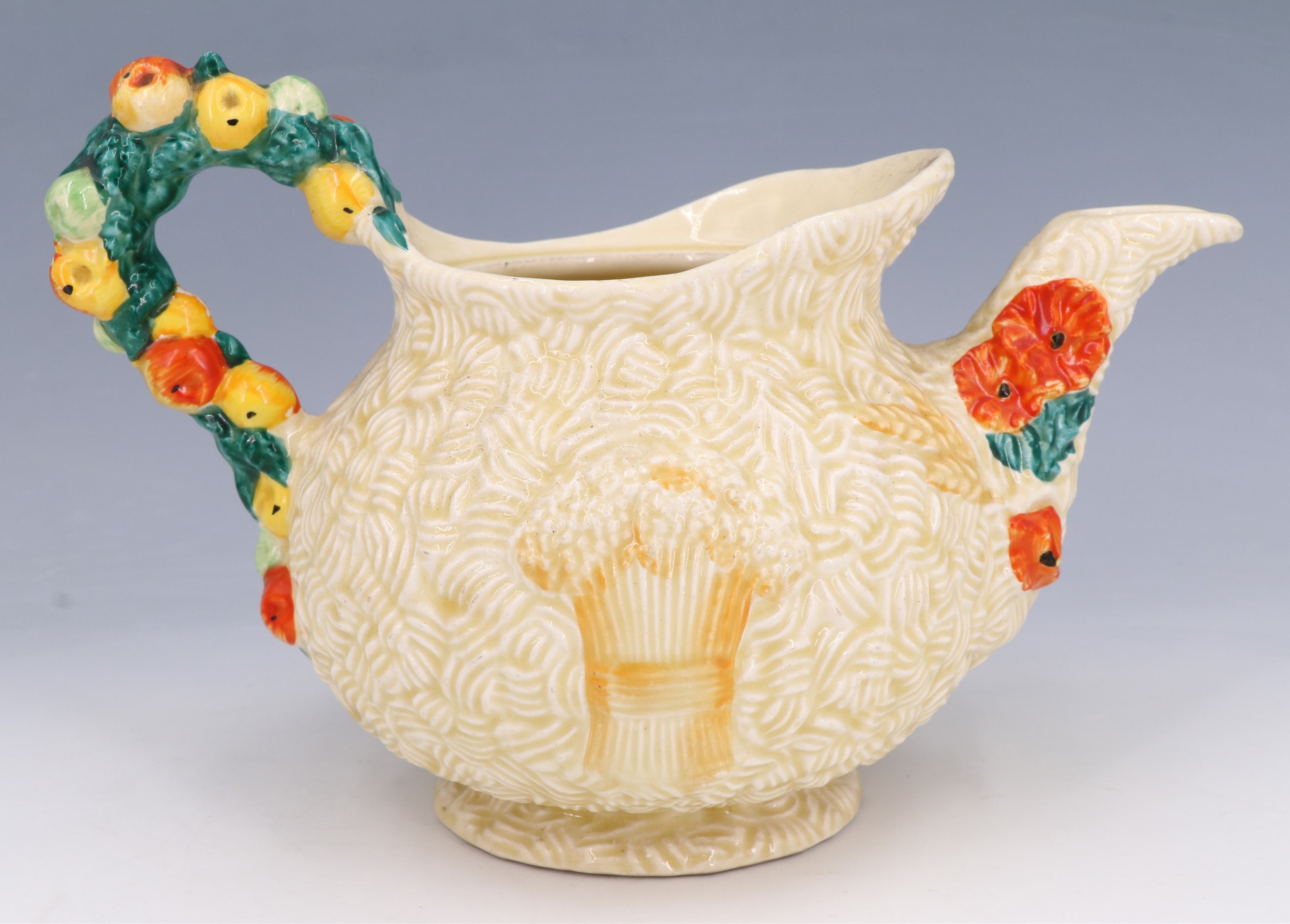 Three items of Clarice Cliff Celtic Harvest ceramics, comprising a teapot (68A) and two storage jars - Image 4 of 9