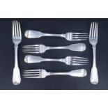 A set of six George IV Irish silver fiddle pattern table forks, each bearing engraved crest,