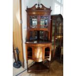 A late 19th Century serpentine fronted marquetry inlaid and mirror backed floor standing corner