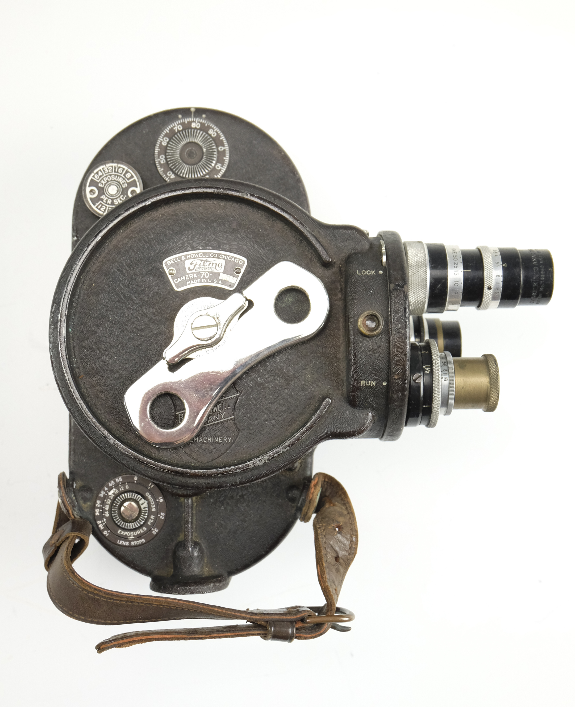 A cased Bell & Howell Filmo 70-DA 16 mm cine camera body, having a three lens turret mounted with - Image 3 of 6
