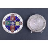 A Victorian Steel of Birmingham style enamelled 1887 silver double florin coin, together with a