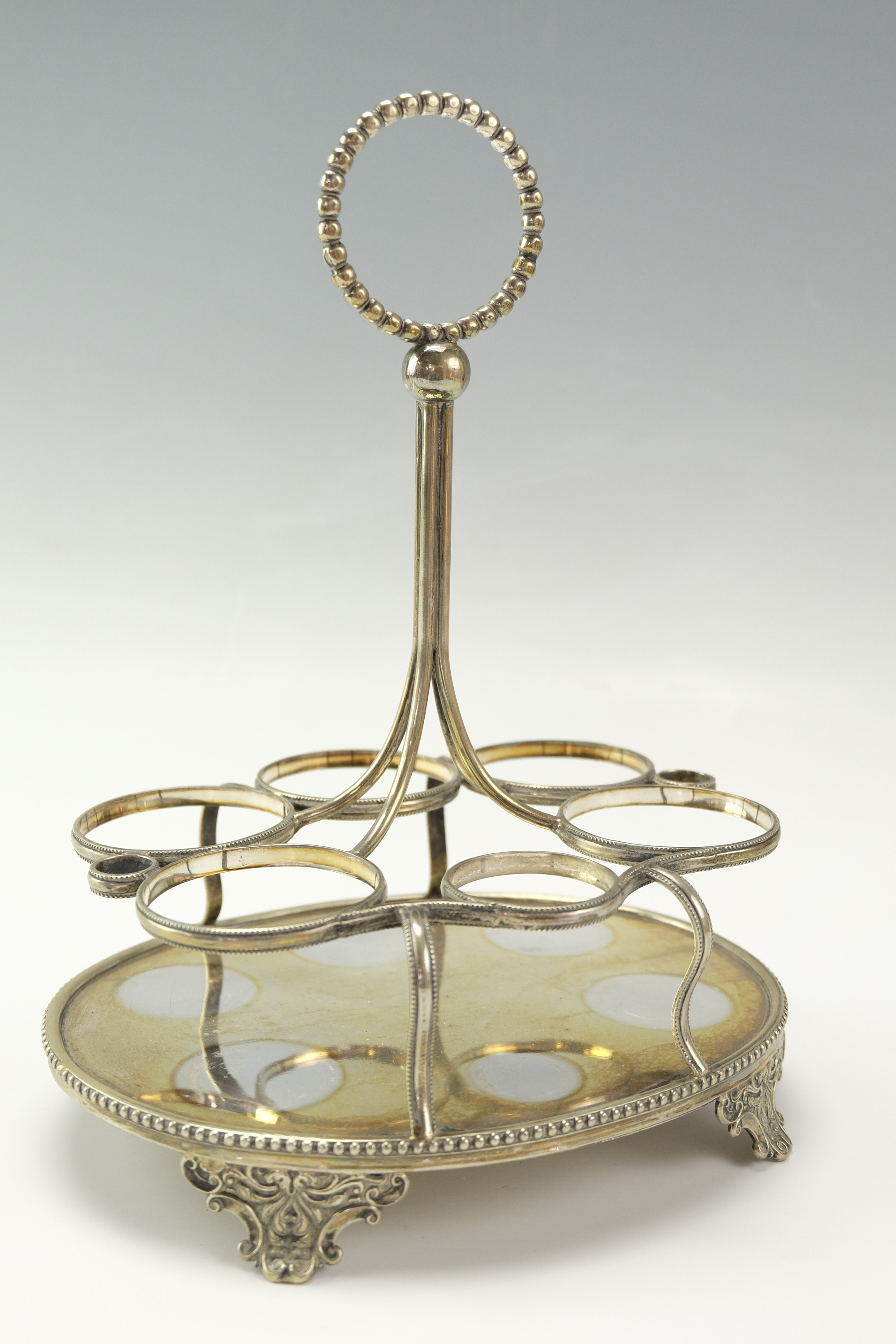 A late 19th / early 20th Century condiment set, the glass cruets being wheel-cut in depiction of - Image 3 of 5
