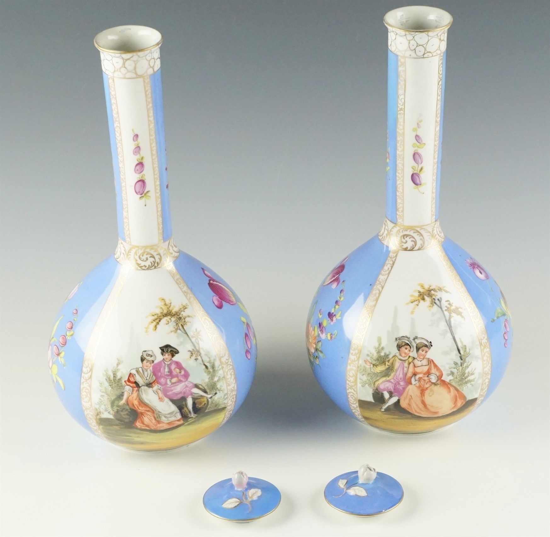 A pair of late 19th Century Dresden covered bottle vases, each having two hand painted romantic - Image 2 of 3