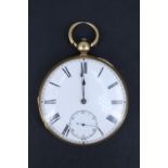 A Victorian 18 ct gold open faced pocket watch, having a lever movement, enamelled face, Roman