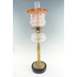 A Victorian columnar brass and glass oil lamp, having a concentric shaft 'Hinks No 2' duplex coronet