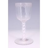A mid-18th Century style opaque twist stem wine glass, having a round bucket bowl with wheel-cut